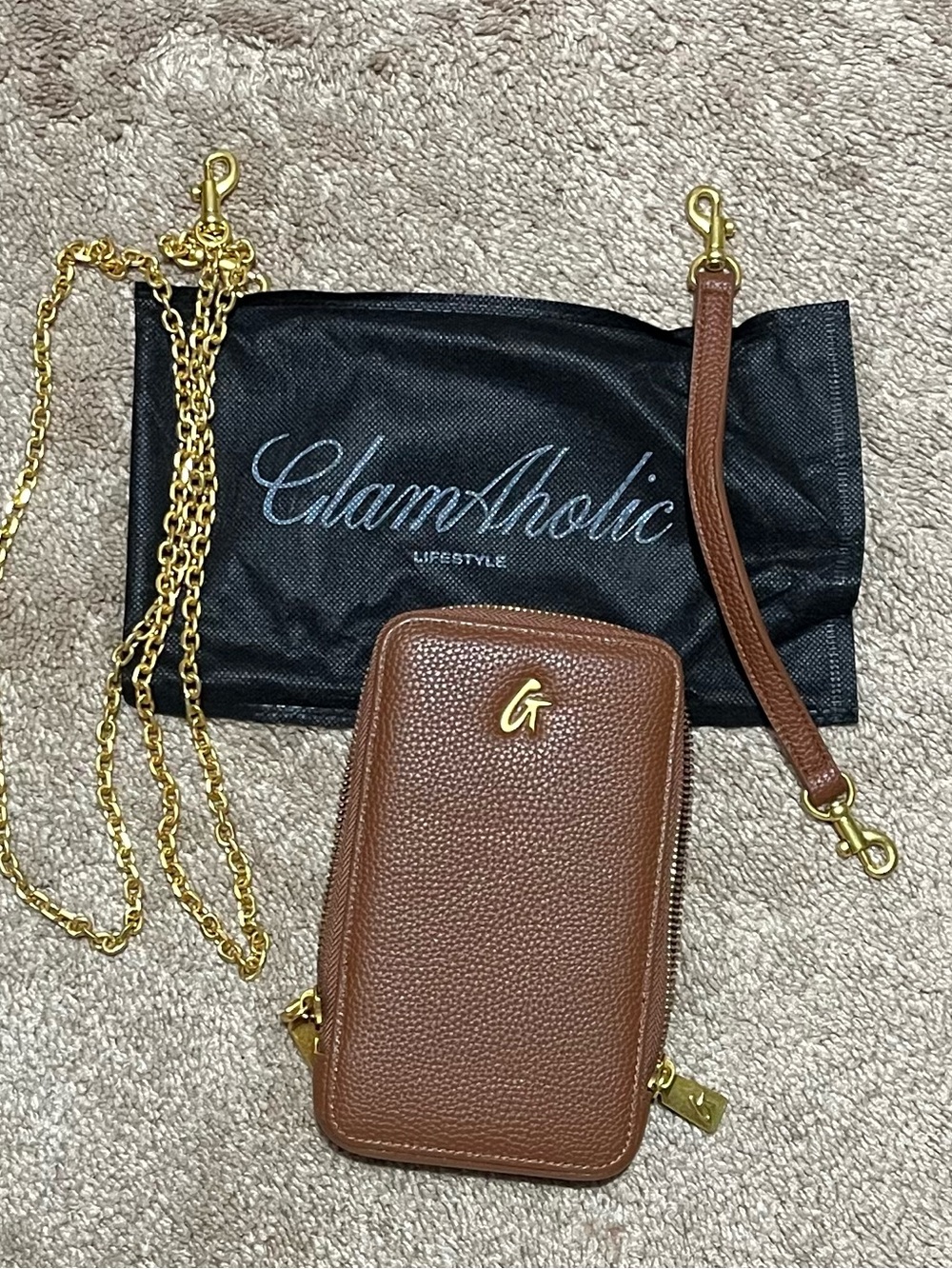 Glam-Aholic Brown Pebbled Leather PHONE CROSSBODY with Gold Chain